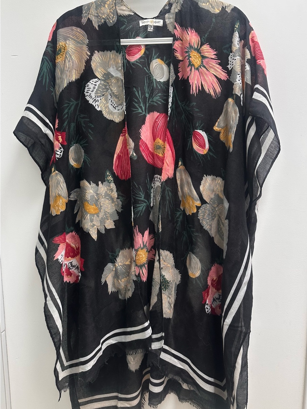 Woven Heart Black Floral Sheer Top with Pink and Gold Accents